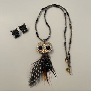 Owl Pendant Necklace and Earrings Set - Black and Gold